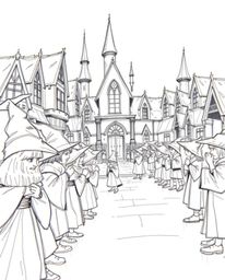 Explore a captivating extreme macro close-up, hand-drawn sketch of a magical school teeming with young wizards. This artwork 