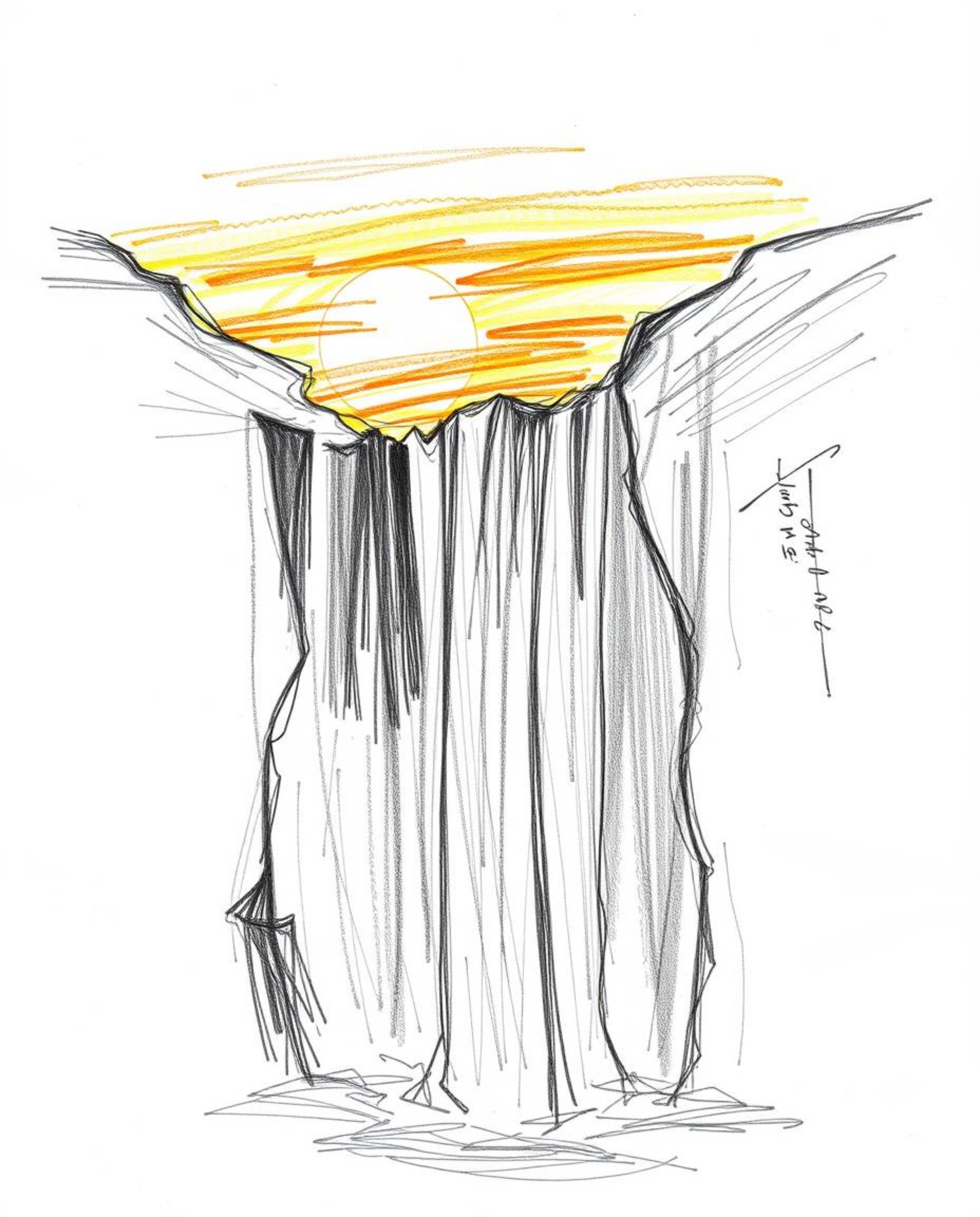 A hand-drawn sketch using creative light art techniques, depicting an abstract waterfall with a sunset backdrop. The artwork 