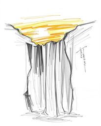 A hand-drawn sketch using creative light art techniques, depicting an abstract waterfall with a sunset backdrop. The artwork 