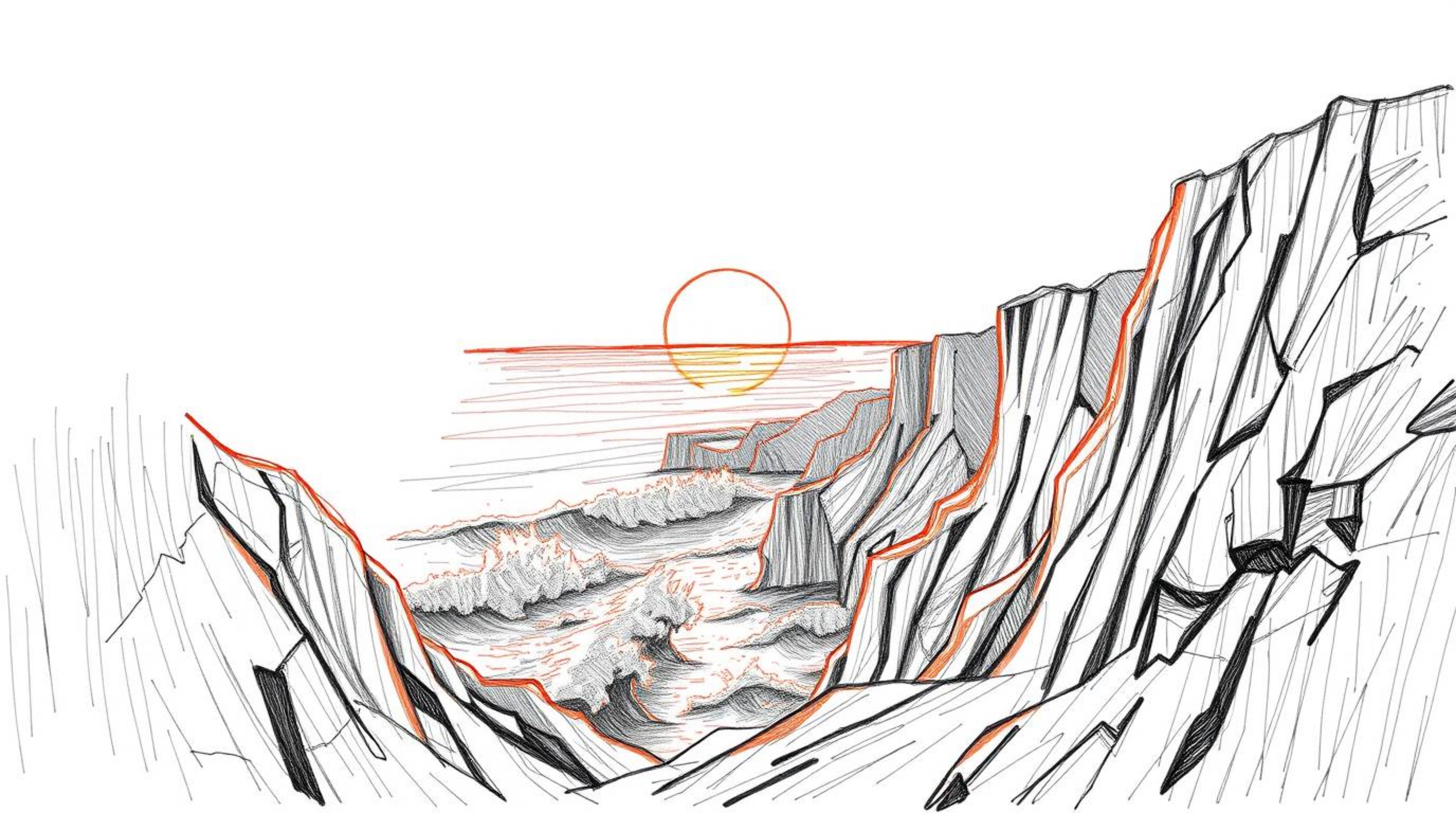 A high-angle perspective, hand-drawn sketch featuring rough lines and textured pencil strokes on a white background showcases