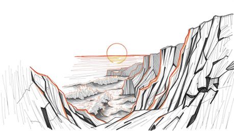 A high-angle perspective, hand-drawn sketch featuring rough lines and textured pencil strokes on a white background showcases