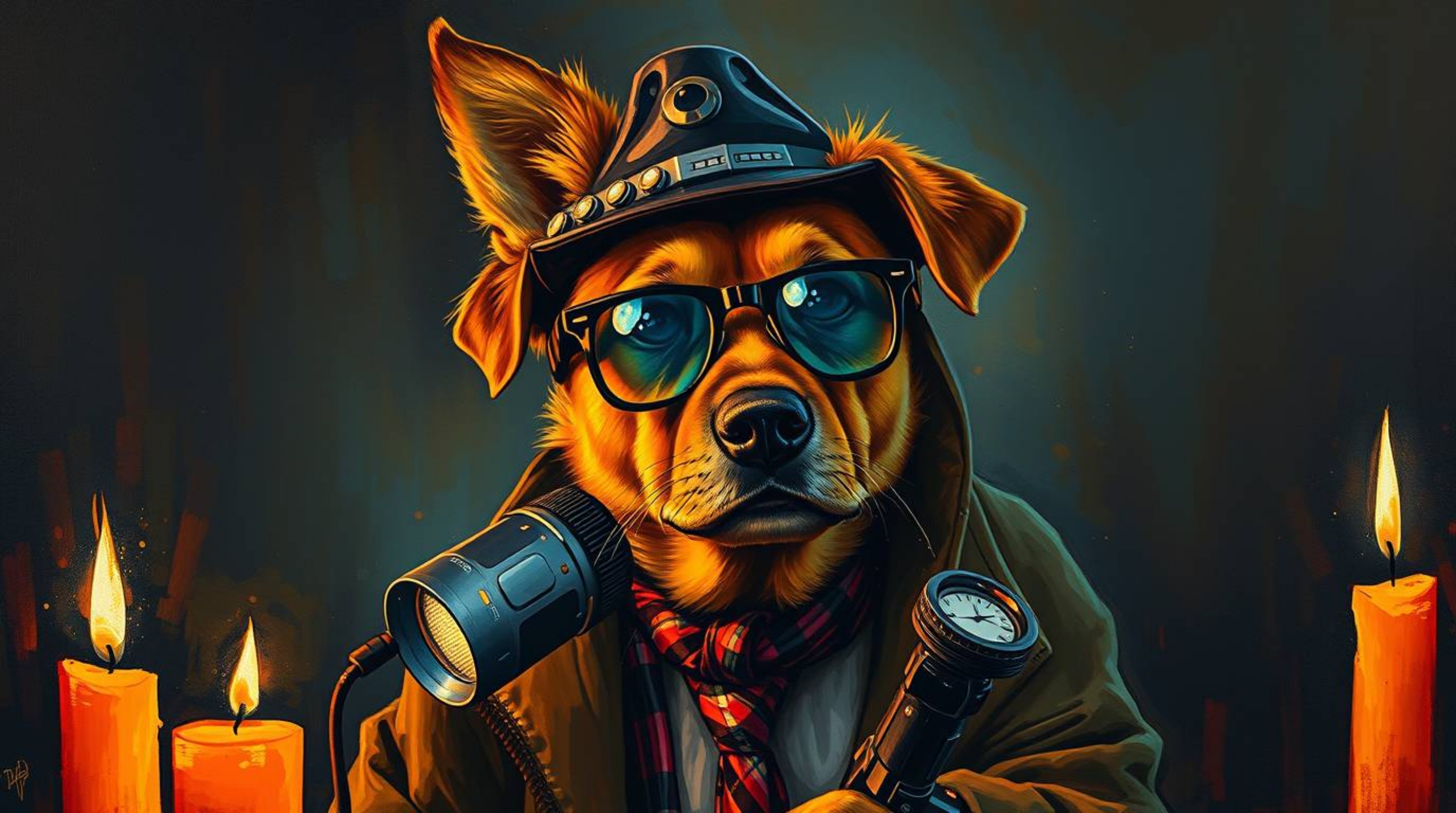 This bold acrylic painting portrays a captivating dog detective equipped with high-tech gadgets, bathed in the warm, flickeri