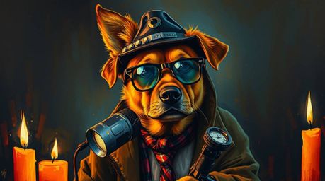 This bold acrylic painting portrays a captivating dog detective equipped with high-tech gadgets, bathed in the warm, flickeri