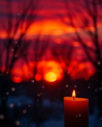 This enchanting scene captures the magic of snowflakes falling during a vibrant sunset, uniquely illuminated by the soft glow