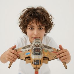 Exquisite high-fashion photography captures a boy with vibrant curly brown hair building an intricately designed cardboard sp