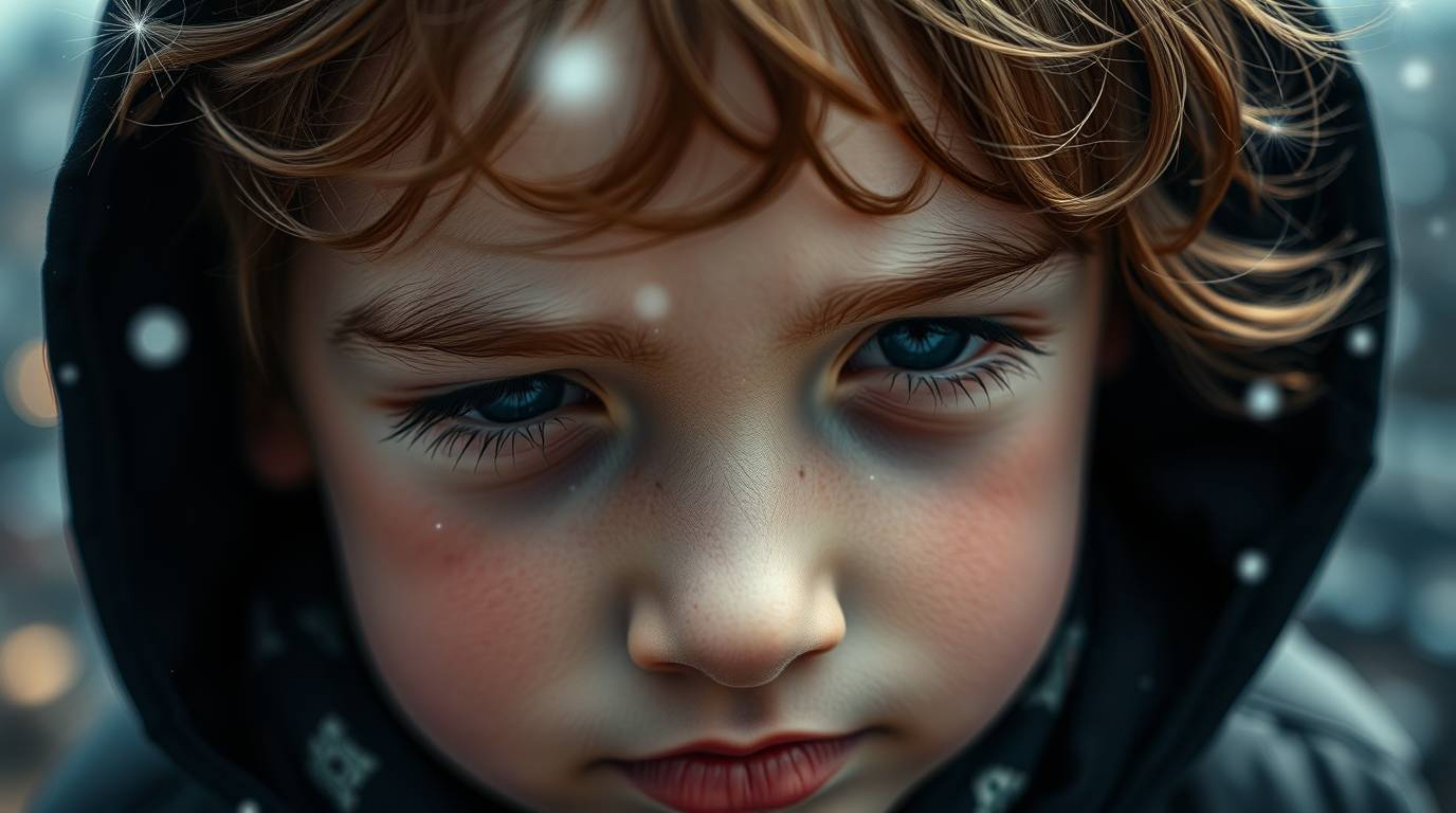 An extreme macro close-up captures a young boy with intricate details, seemingly flying above London propelled by pixie dust.