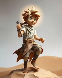 Discover an ethereal papier-mâché sculpture depicting a brave, Disney-style hero embarking on a mystical desert adventure. T