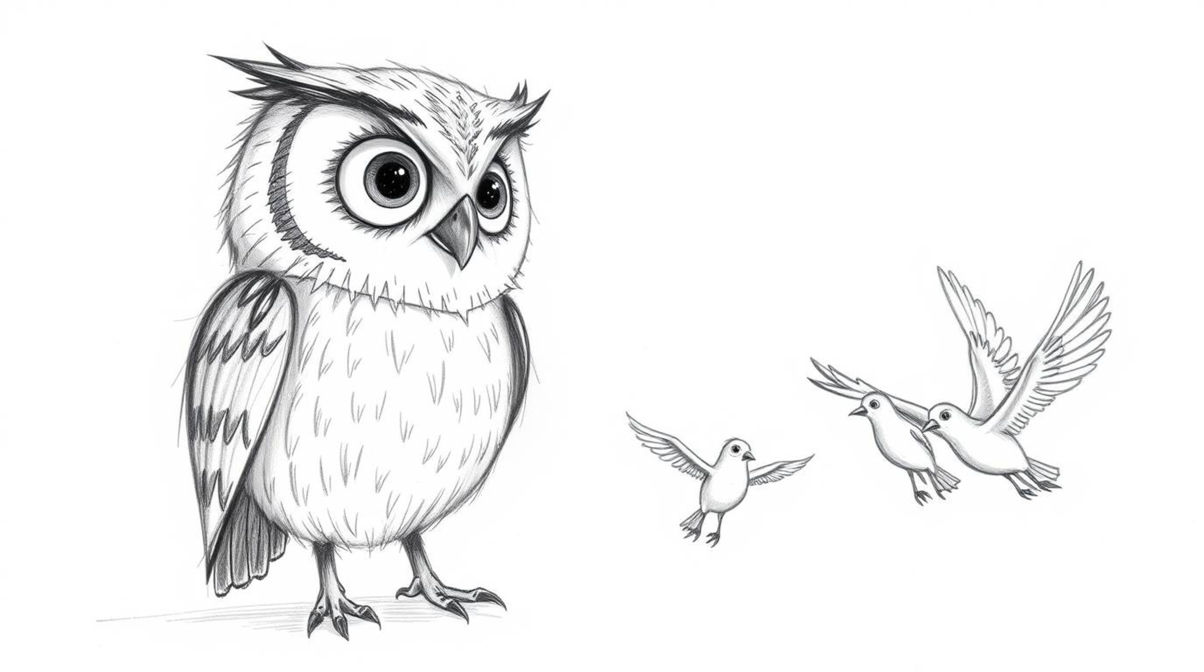 A hand-drawn sketch in the style of Pixar showcases a blind owl with soft, feathery textures imparting its wisdom to a flock 