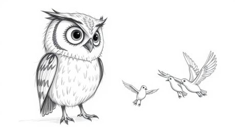 A hand-drawn sketch in the style of Pixar showcases a blind owl with soft, feathery textures imparting its wisdom to a flock 
