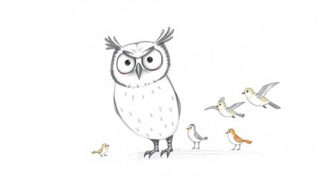 A whimsical, hand-drawn sketch in the style of Pixar depicts a gentle and wise, blind owl with soft, textured pencil strokes.