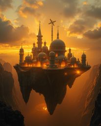 Explore a surreal floating island featuring bizarre and fascinating architecture, bathed in a warm golden glow under high-con