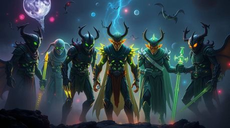 Discover a dreamlike, surreal artwork depicting a team of misfit heroes glowing with bioluminescent colors.  This fantastical