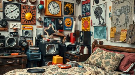 A close-up showcases a creatively messy bedroom, filled with unique papier-mâché gadgets and posters.  The image emphasizes t