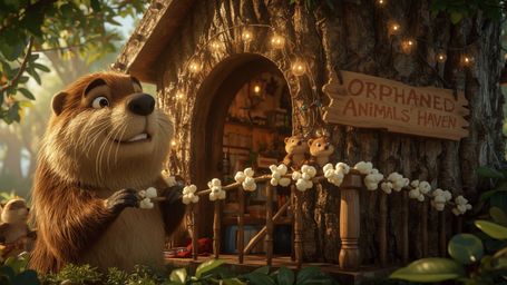 A highly detailed, high-resolution stock photo captures a kind-faced beaver building an intricately designed treehouse in a l