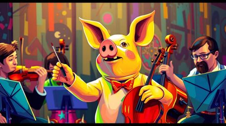 A captivating image of a pig character energetically conducting an orchestra.  Rendered in bright, vibrant colors with creati