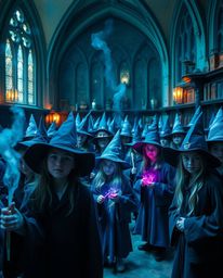 Explore a magical academy teeming with young wizards through this fine art photograph. The image employs a cool color palette