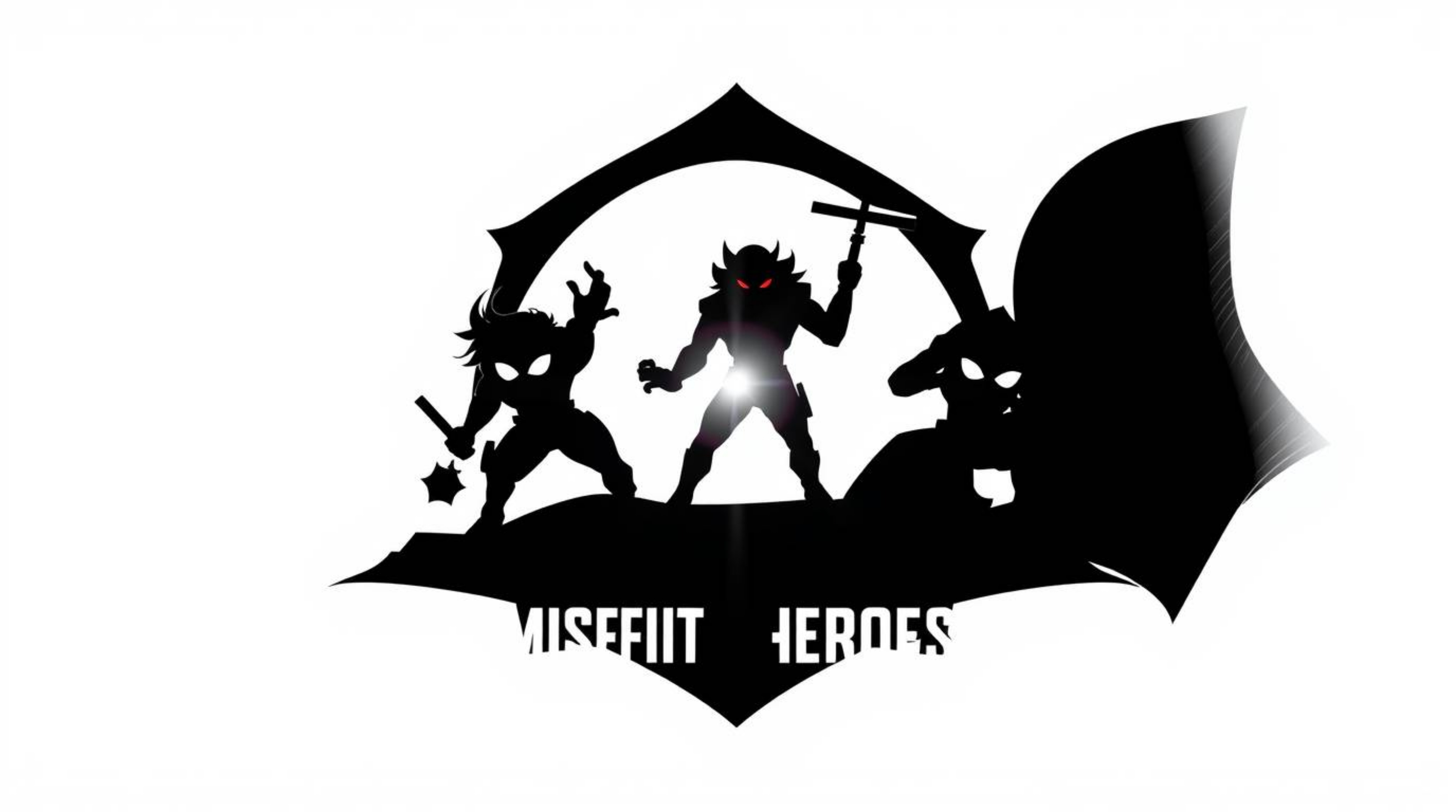 A striking logo design features a team of misfit heroes silhouetted against a vibrant backlight.  The design utilizes geometr