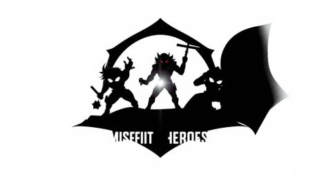 A striking logo design features a team of misfit heroes silhouetted against a vibrant backlight.  The design utilizes geometr