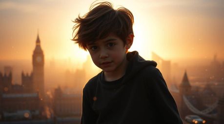 A young boy with fair skin and tousled brown hair is silhouetted against a hazy, soft light, backlighting the scene. Pixie du