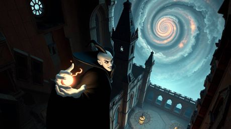 Imagine a classic Disney villain, with sharp features and pale skin, casting a spell within the crumbling walls of a gothic c