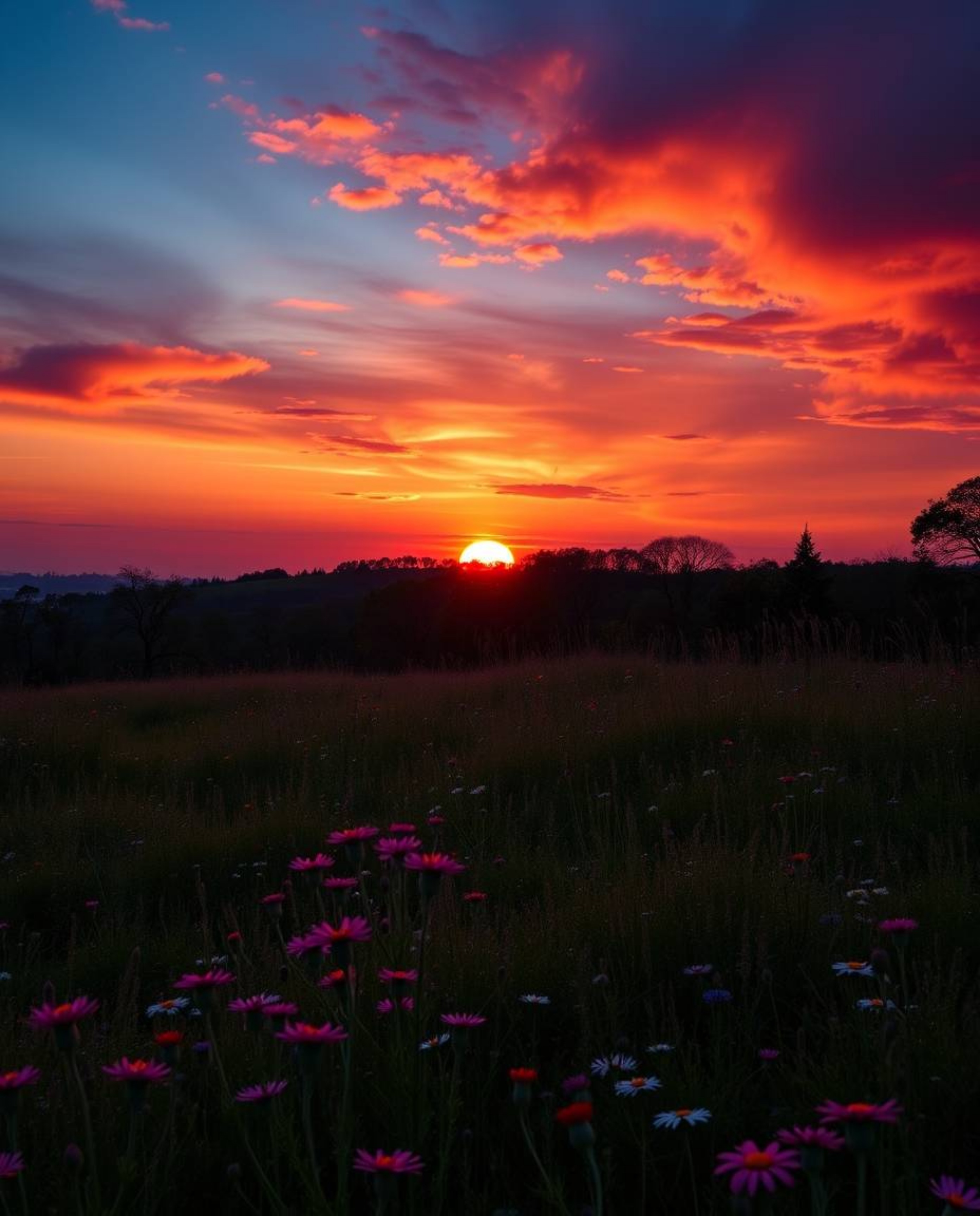 A high-resolution, commercial-quality stock photo capturing a sophisticated and elegant sunset over a spring wildflower meado