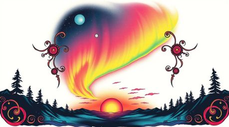 This stunning traditional tattoo art print showcases vibrant, bioluminescent Northern Lights emerging over a sunset sky.  Ren