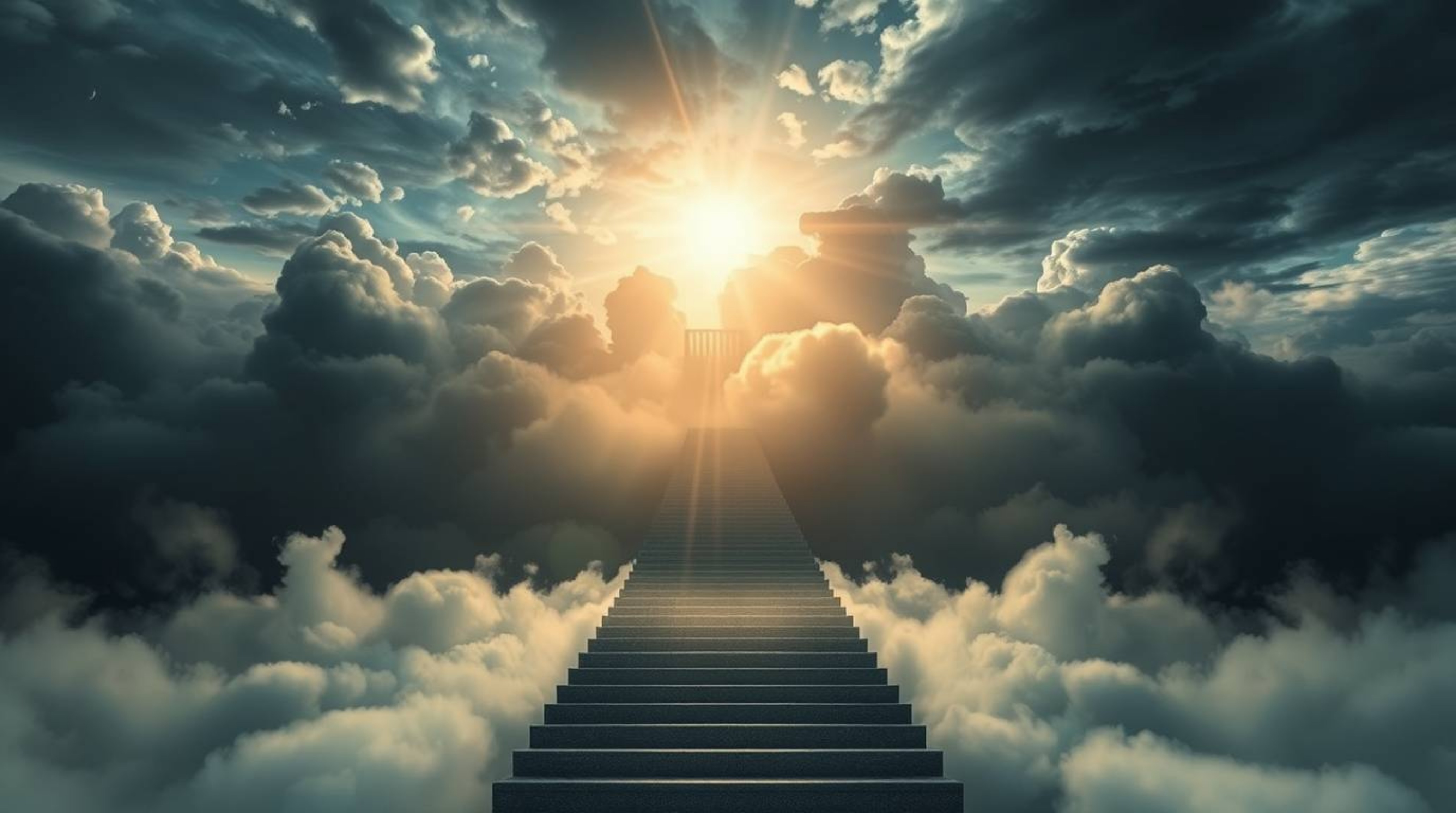 A surreal and breathtaking image depicts a stairway ascending through smoky clouds towards a celestial light, set against a d