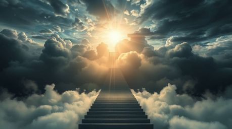 A surreal and breathtaking image depicts a stairway ascending through smoky clouds towards a celestial light, set against a d