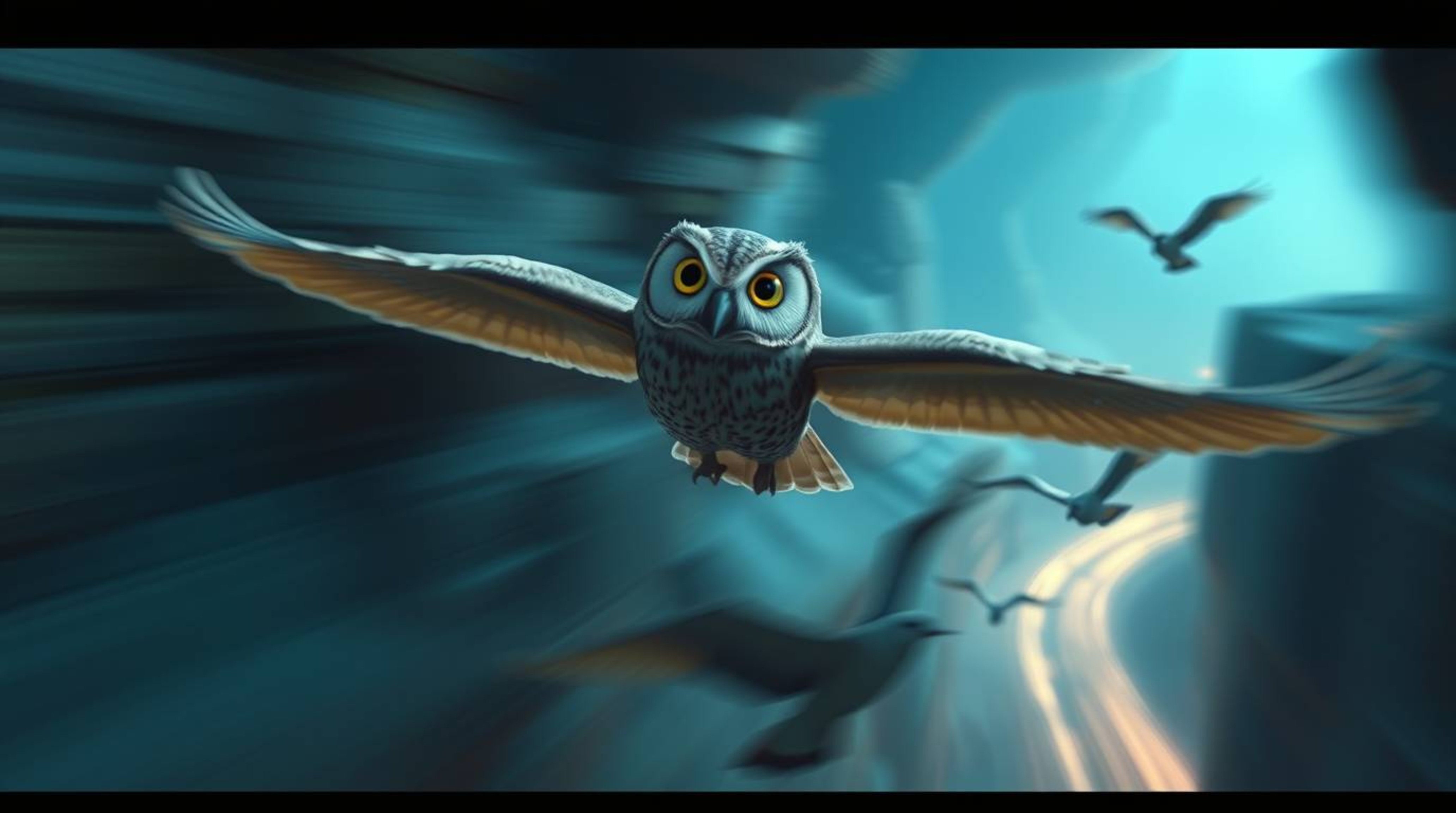 This long exposure photograph captures a profound ethereal vibe, featuring a blind owl with soft features, rendered in a char