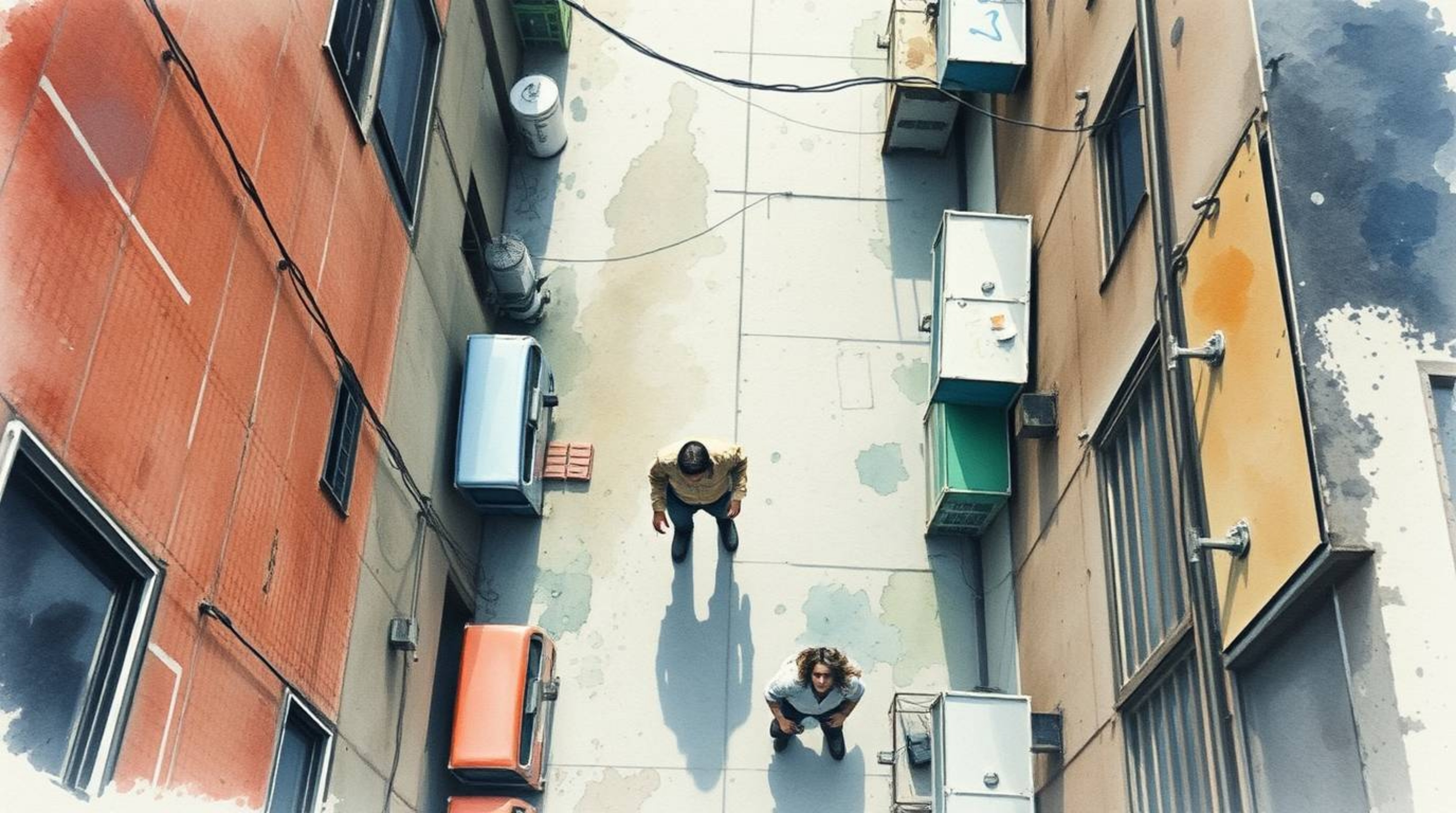 A captivating watercolor painting depicts a grungy city alley from a unique bird's-eye perspective.  Rebellious teens populat