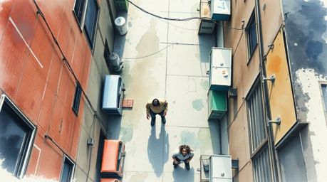 A captivating watercolor painting depicts a grungy city alley from a unique bird's-eye perspective.  Rebellious teens populat