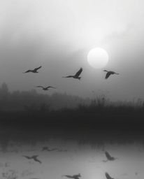 A classic black and white image depicting a golden hour scene in the wetlands with herons in flight. The composition is chara