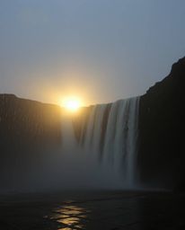 This artwork captures a wet, rainy scene featuring a sun setting behind a dramatic waterfall. The drizzling rain creates a mo