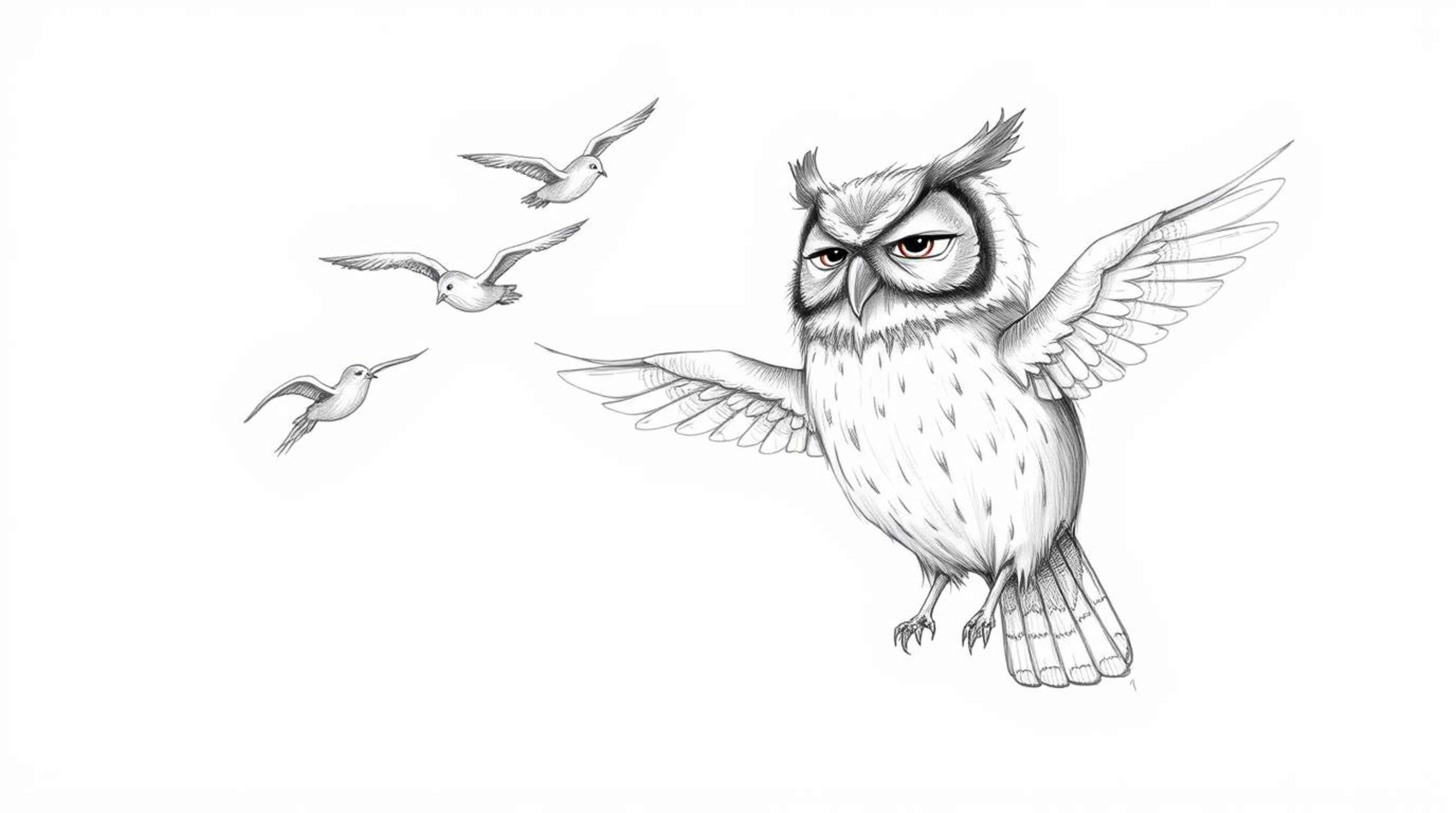 Experience a heartwarming scene in a rough, textured pencil sketch rendered in Pixar style.  A blind owl with wonderfully exp
