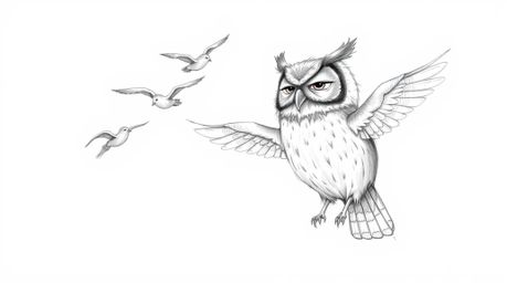 Experience a heartwarming scene in a rough, textured pencil sketch rendered in Pixar style.  A blind owl with wonderfully exp