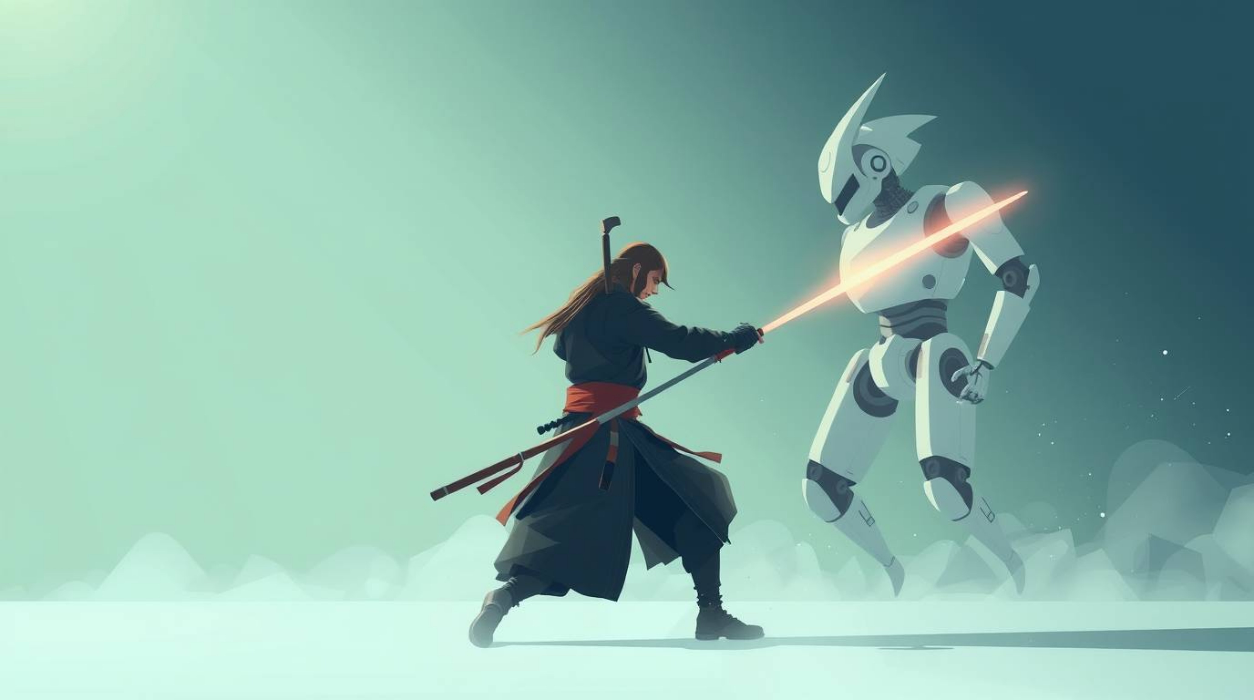 Explore a modern flat design illustration depicting a samurai engaged in an epic battle against a robot within a light ethere