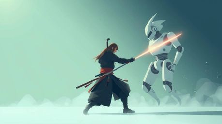 Explore a modern flat design illustration depicting a samurai engaged in an epic battle against a robot within a light ethere