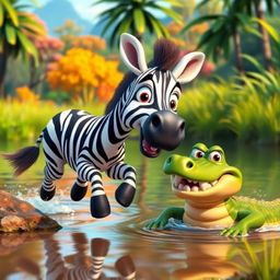 A vibrant and captivating 3D cartoon scene depicts a zebra with large, expressive eyes and a friendly smile leaping towards a