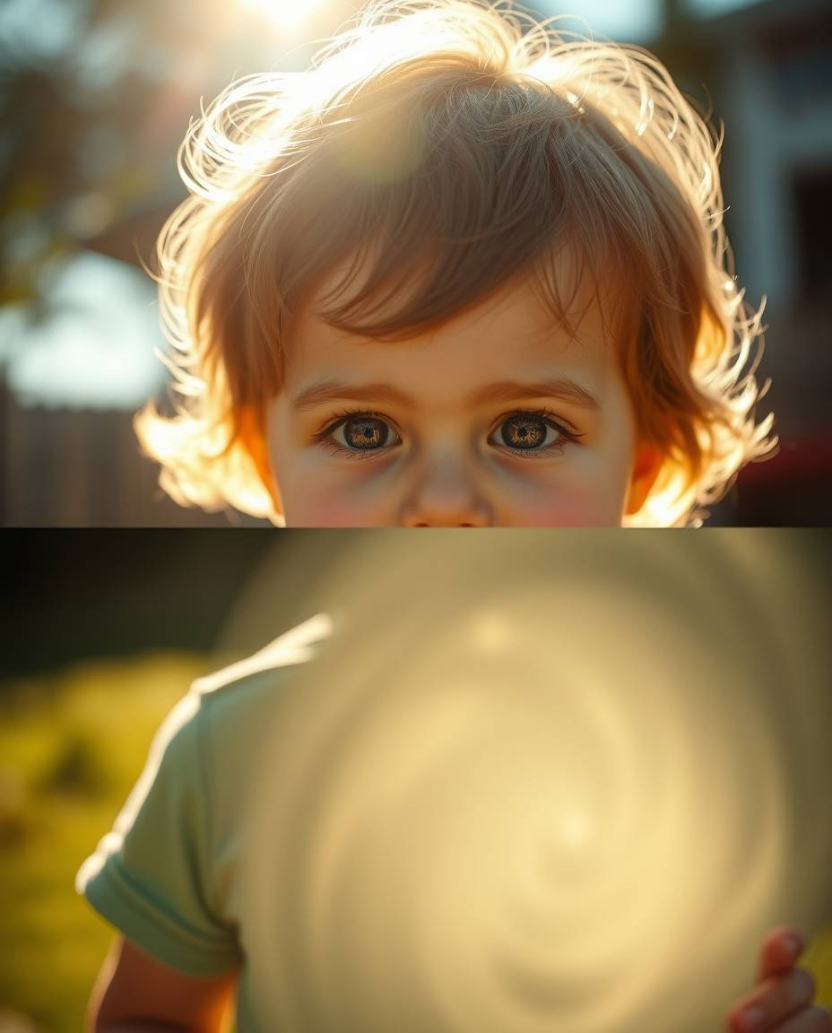 A captivating image depicts a child with curious eyes, discovering a swirling, luminous portal in their sun-drenched backyard
