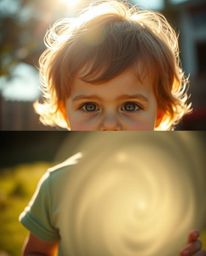 A captivating image depicts a child with curious eyes, discovering a swirling, luminous portal in their sun-drenched backyard