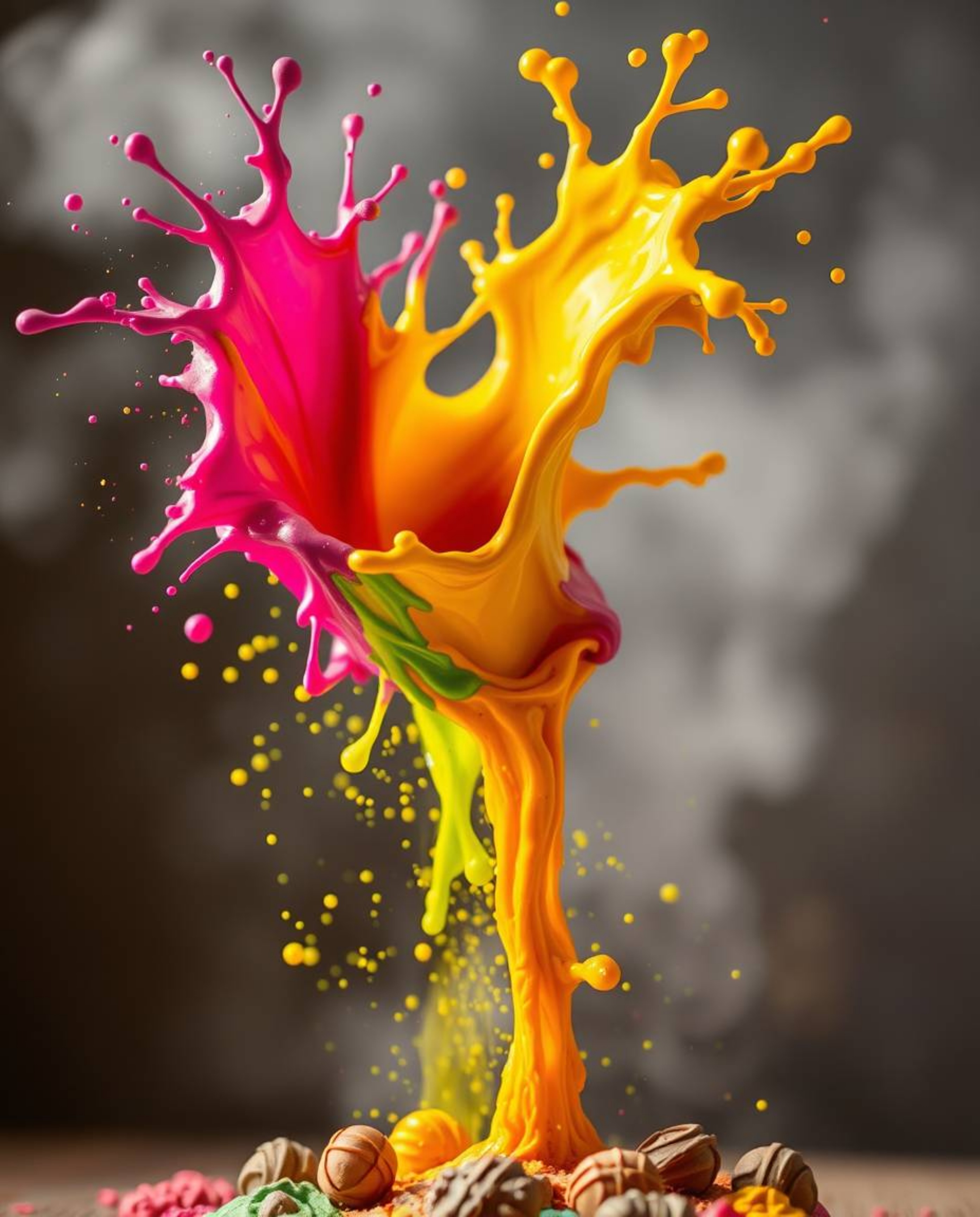 This artwork features a sculptural clay representation of a vibrant paint splash frozen in mid-air, captured using high-speed