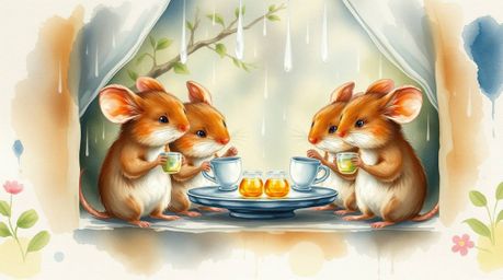 A charming watercolor painting depicts anthropomorphic mice enjoying a delightful tea party inside a cozy cottage on a rainy 