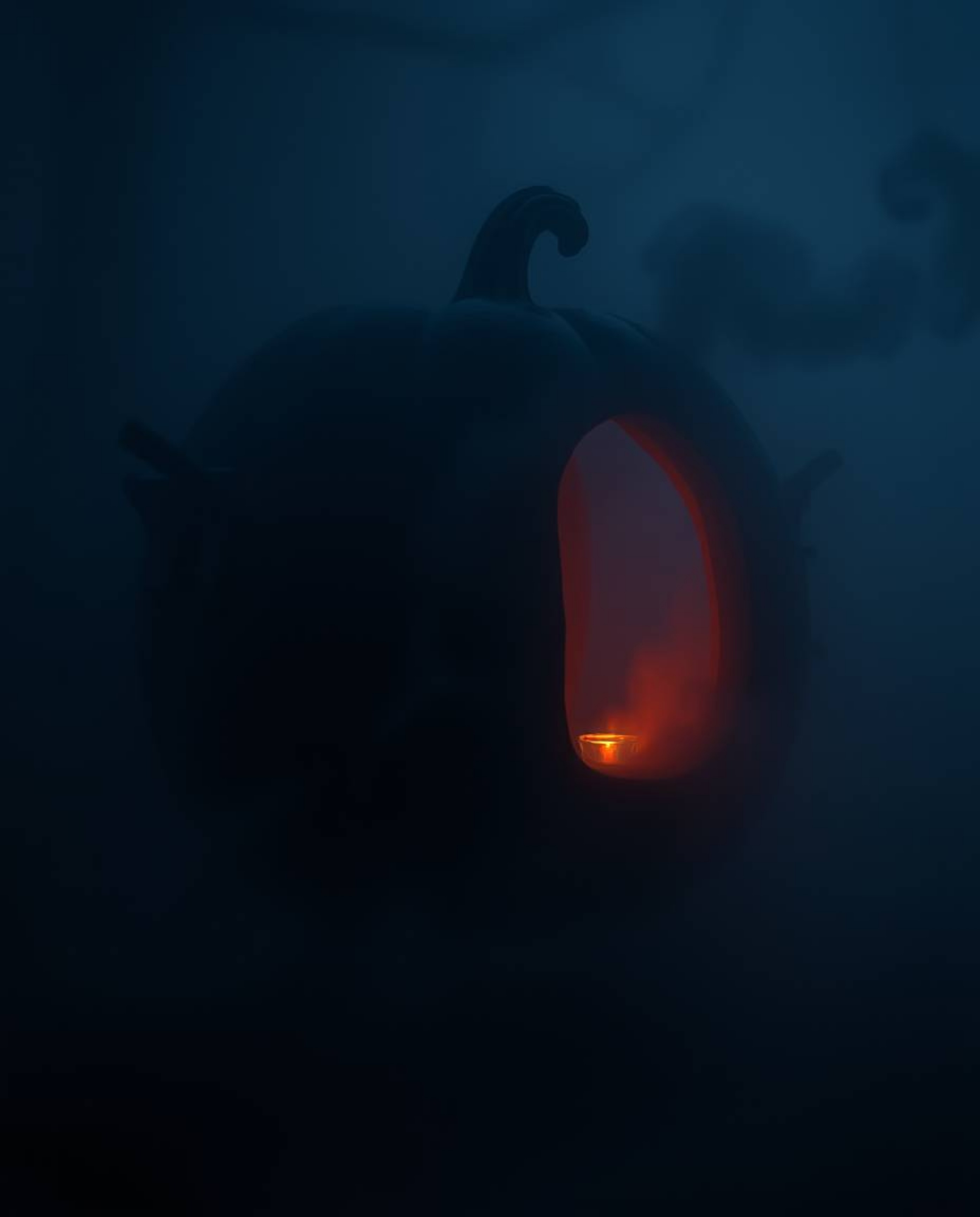 Witness the enchanting transformation of a magical black pumpkin into a jet-black carriage, shrouded in thick fog and deep sh
