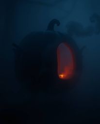 Witness the enchanting transformation of a magical black pumpkin into a jet-black carriage, shrouded in thick fog and deep sh