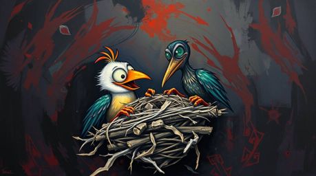 A captivating acrylic painting depicting two cartoon birds building a nest, rendered in a classic animation style. The artwo