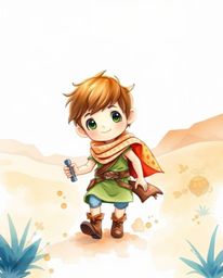 This delicate watercolor painting captures the essence of an adorable and charming Disney-style hero embarking on a desert ad