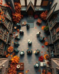 Explore a magical school brimming with young wizards, bathed in the warm hues of autumn. This top-down perspective offers a b