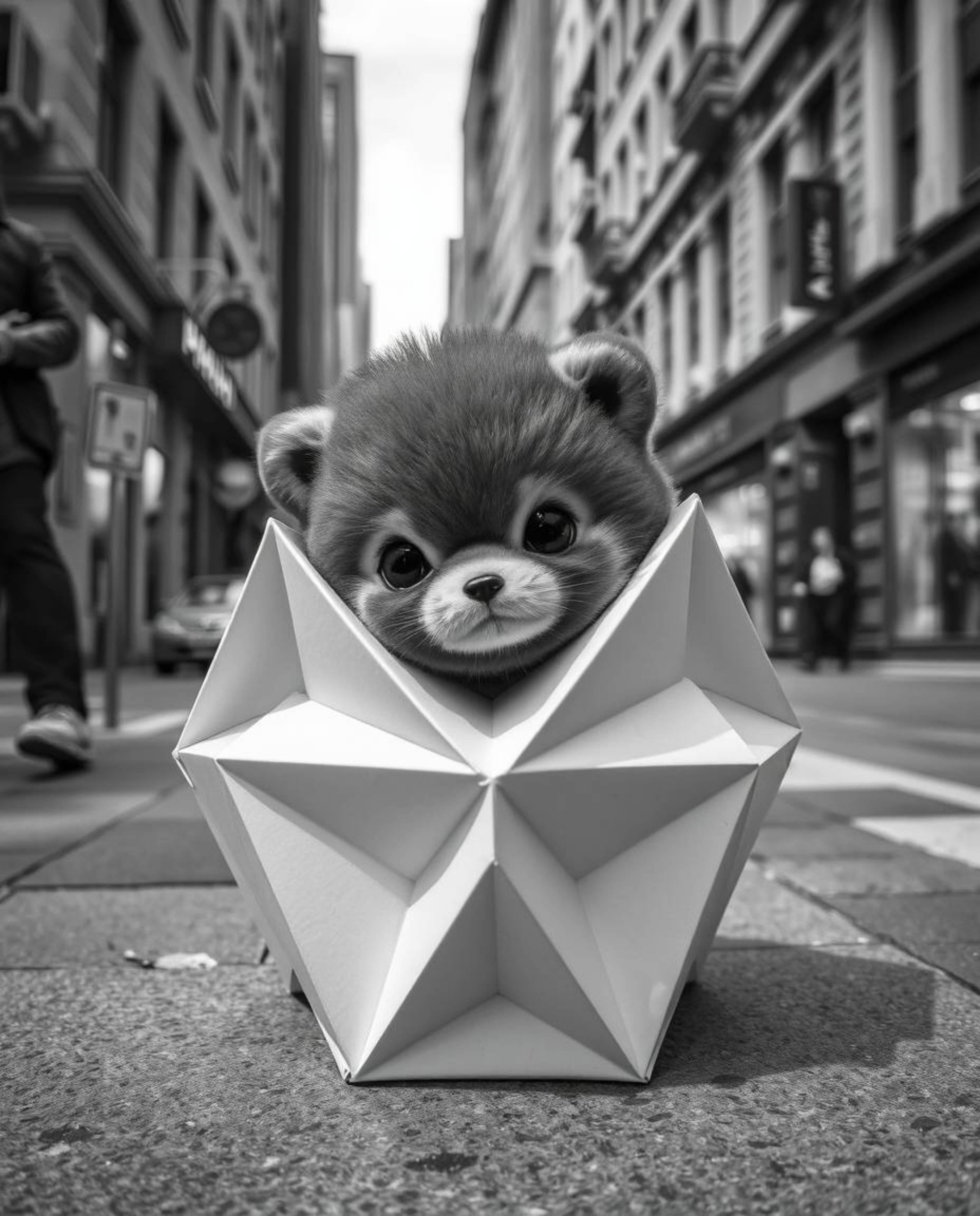Explore the captivating world of monochrome street photography with an adorable subject nestled within an urban landscape. Th