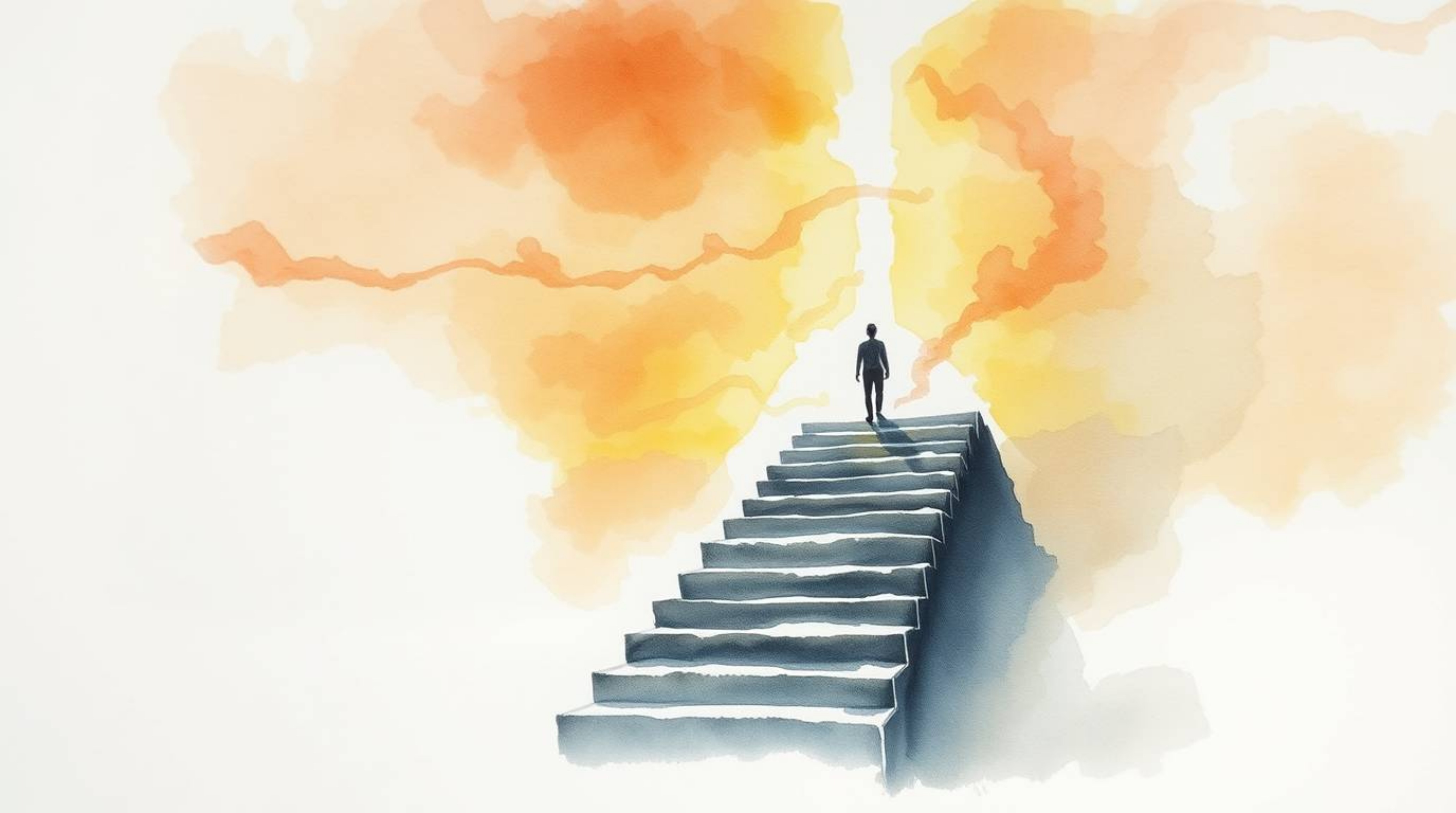 A captivating watercolor painting depicts a solitary figure ascending a stone staircase towards a radiant beam of divine ligh