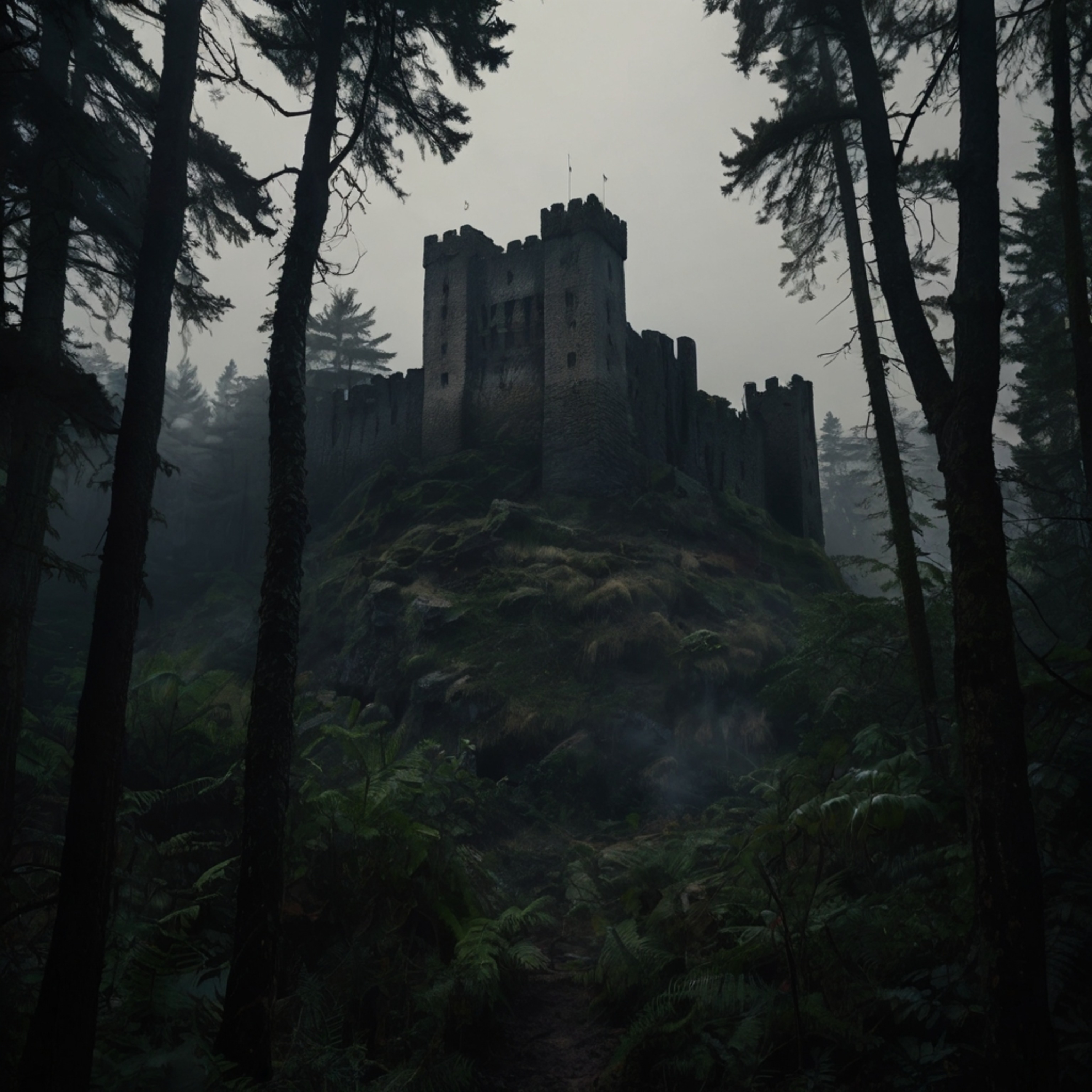 A captivating charcoal sketch depicts an ancient castle shrouded by a dark, misty forest. This artwork evokes a sense of myst